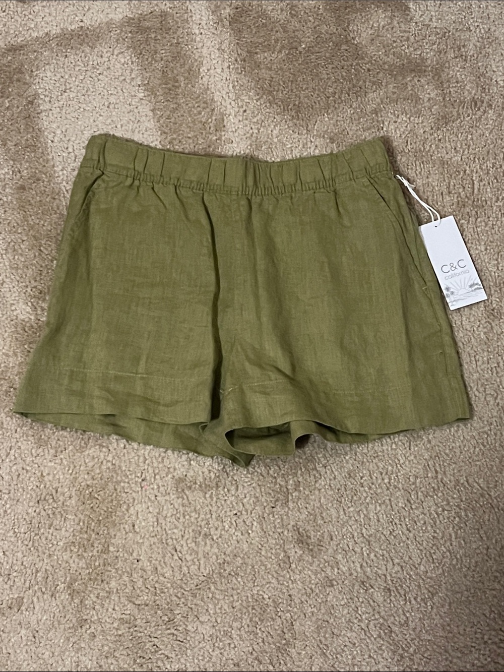 C&C California Olive Green High-Waist Linen Shorts
